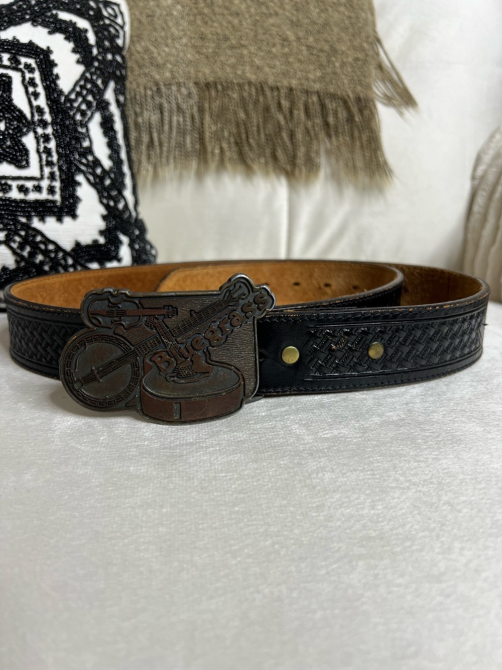Vintage Bluegrass Music Belt Size 40 Black Leather Banjo Guitar Western Buckle